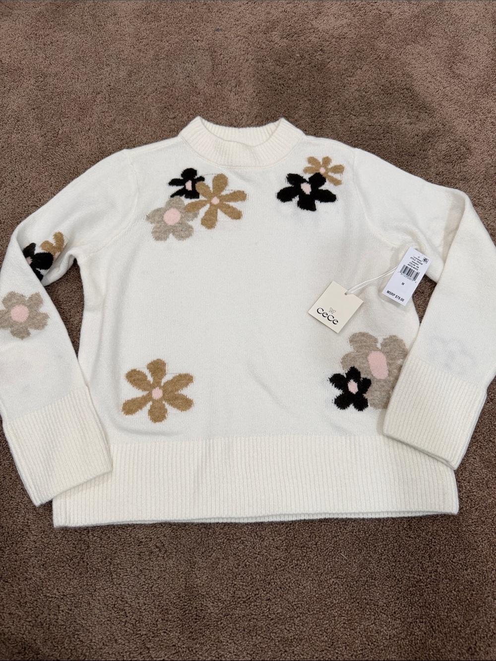 CeCe Cream Floral Intarsia Crewneck Sweater